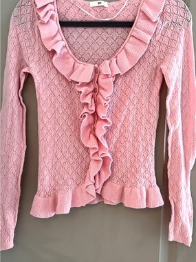 bp Pink Ruffle-Trim Eyelet Knit Cardigan
